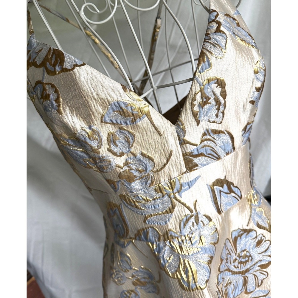 NWT Gold Blue Floral Brocade V-Neck A-Line Mini Dress Adjustable Straps Size 12